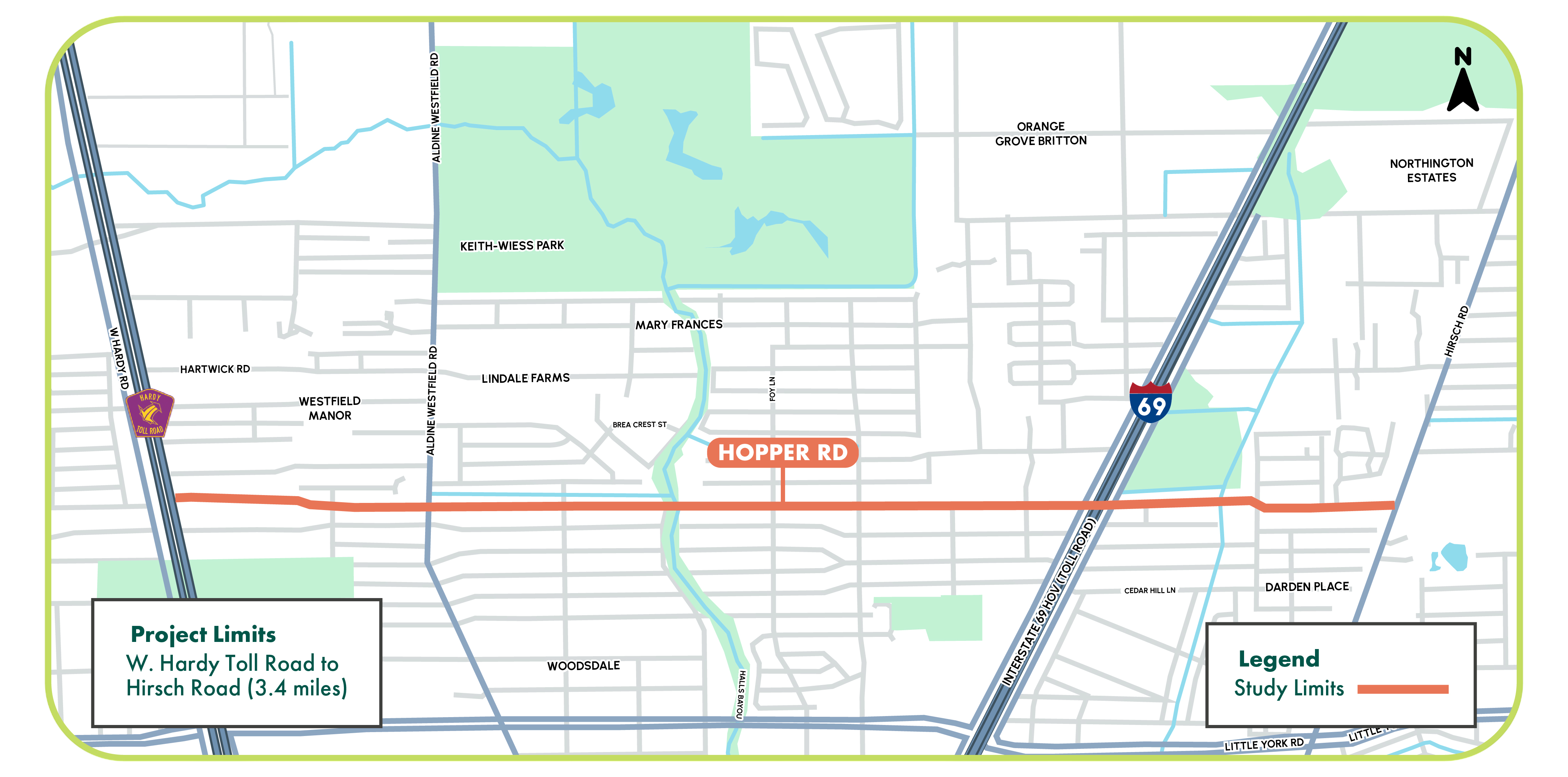 A detailed map showing the project study area of West Hopper Road Corridor Study project.and Airline Corridor, highlighting key locations near the community